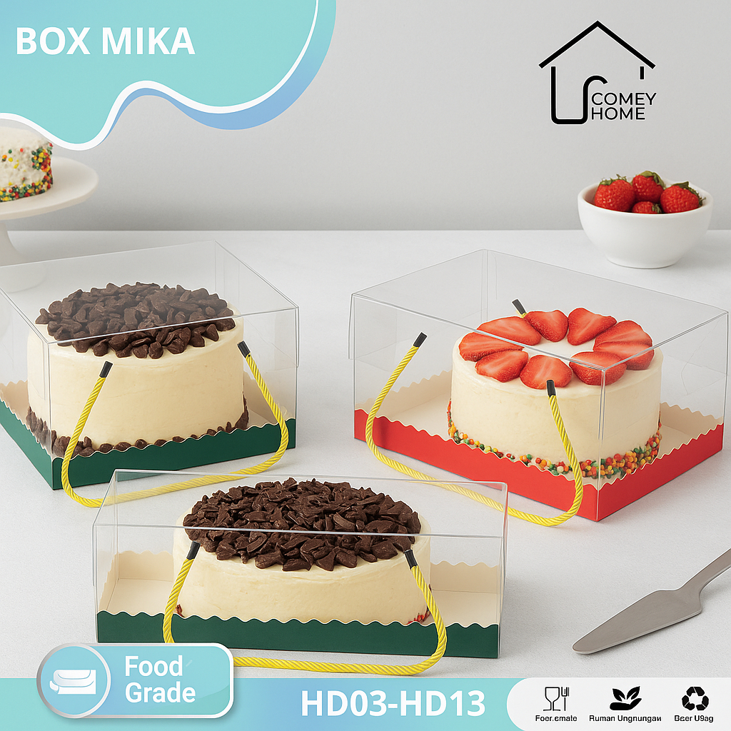 

Box Mika Transparan / Box Mika / Box Mika Handle / Box Tali / Box Makanan / Box Hampers / Tali Kotak Kue / Box Tart I HDI06-HDI15