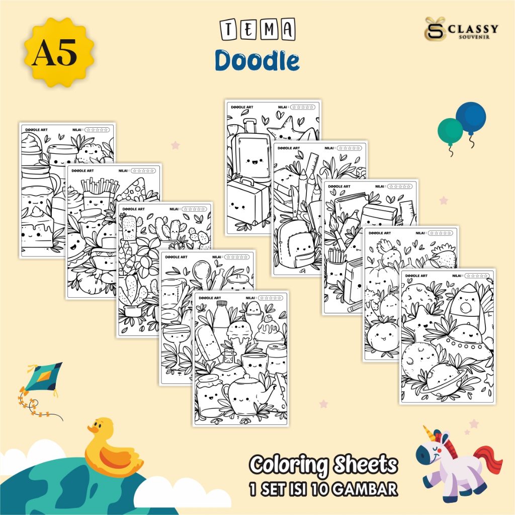 

LEMBAR GAMBAR MEWARNAI A5 - KERTAS MEWARNAI ANAK TEMA DOODLE - COLORING SHEETS FOR KIDS