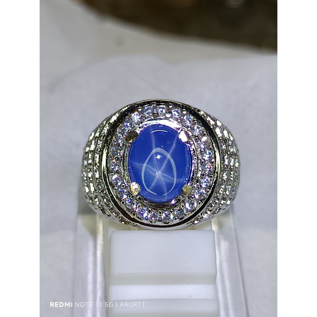 Cincin Pria Blue Safir Star Sailon Srilangka | 10*8*6 Microsetting Full Tabur Zircon