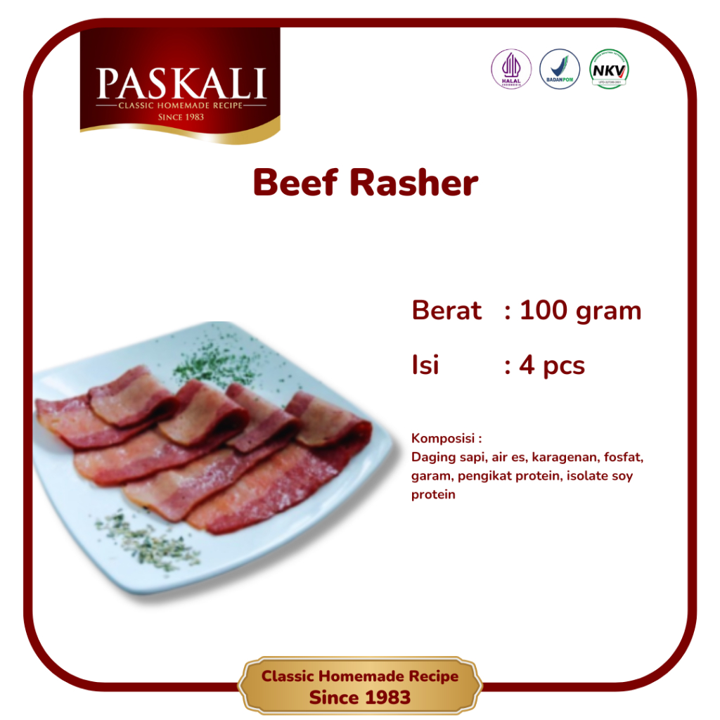 

Smoked Beef Rasher Paskali 100 Gram Isi ± 4 Pcs
