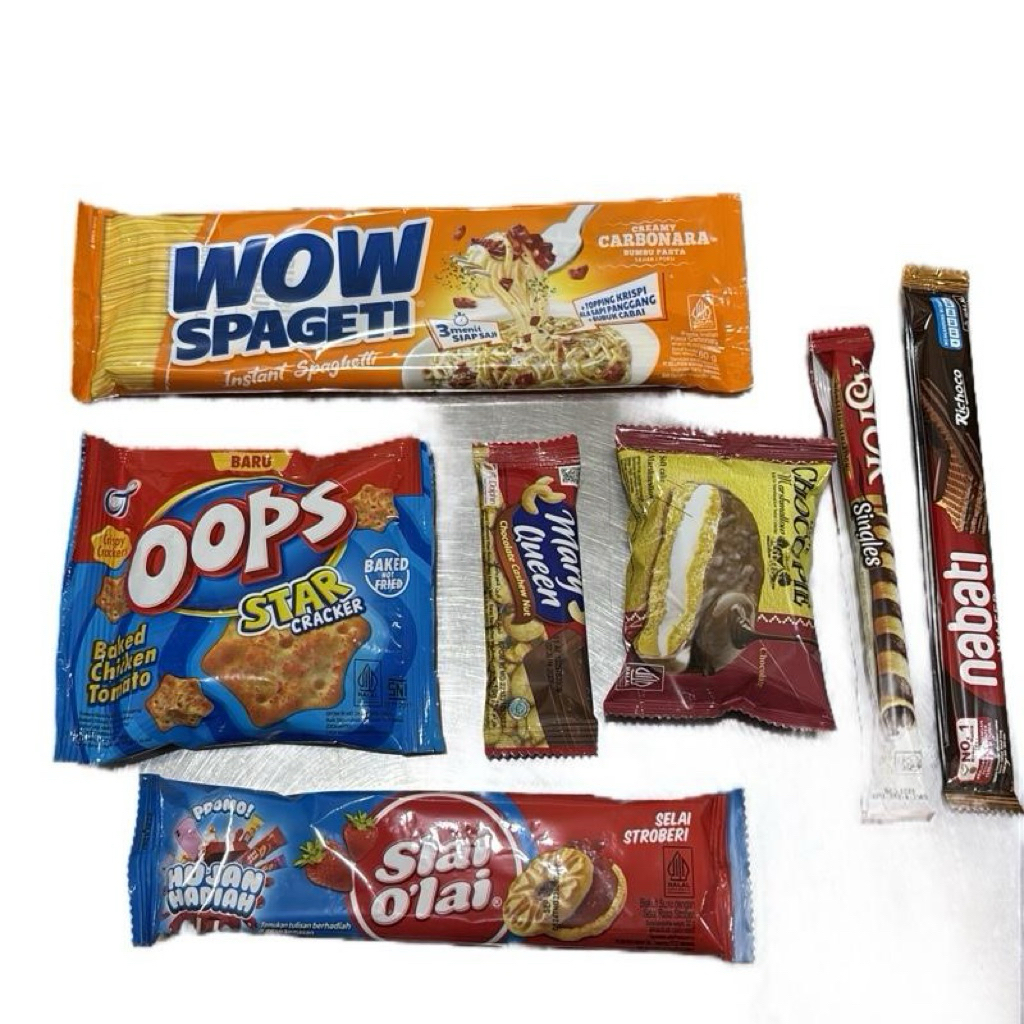 

(C7) Combo Hemat wow spageti, oops baked chicken tomato, slai olai , marry queen, chocopie, astor, nabati