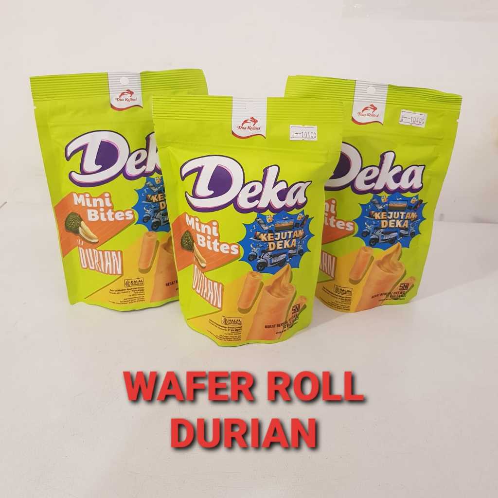 

Deka Mini Bites Durian 72 gr / Wafer Roll Mini bites rasa durian Dua Kelinci