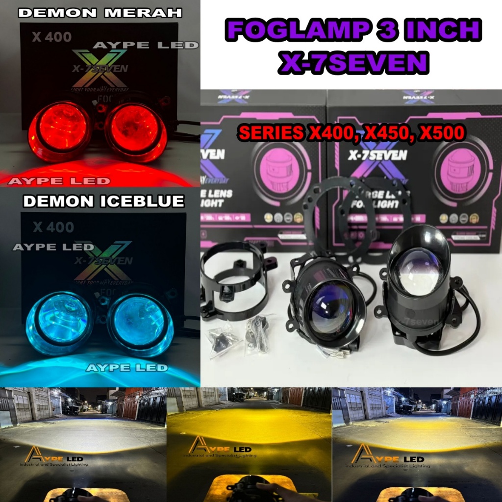Foglamp Biled Projector 3 inch Demon Eyes 3 Warna Foglamp Bumper Mobil X-7SEVEN Universal Mobil