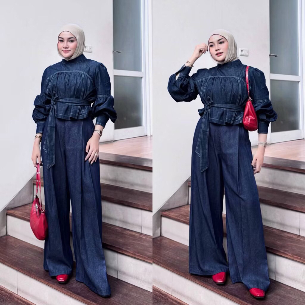 KAIA DENIM PUFFY TOP BANGKOK | ATASAN WANITA BLOUSE PITA PREMIUM JEANS IKAT DEPAN LENGAN BALON