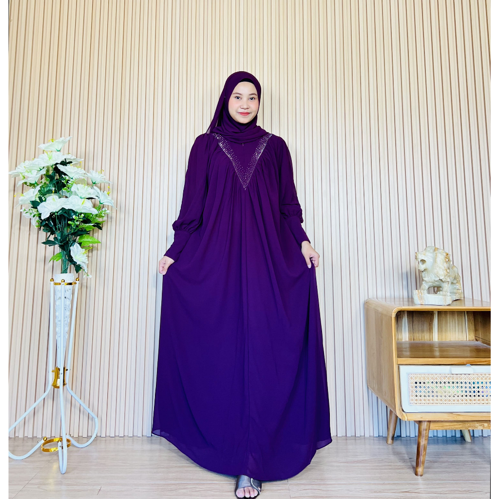 Binar Dress - Gamis Gaun Dress Swarosky Ceruty babydoll Busui Wudhu Friendly by Qudsy Fashion