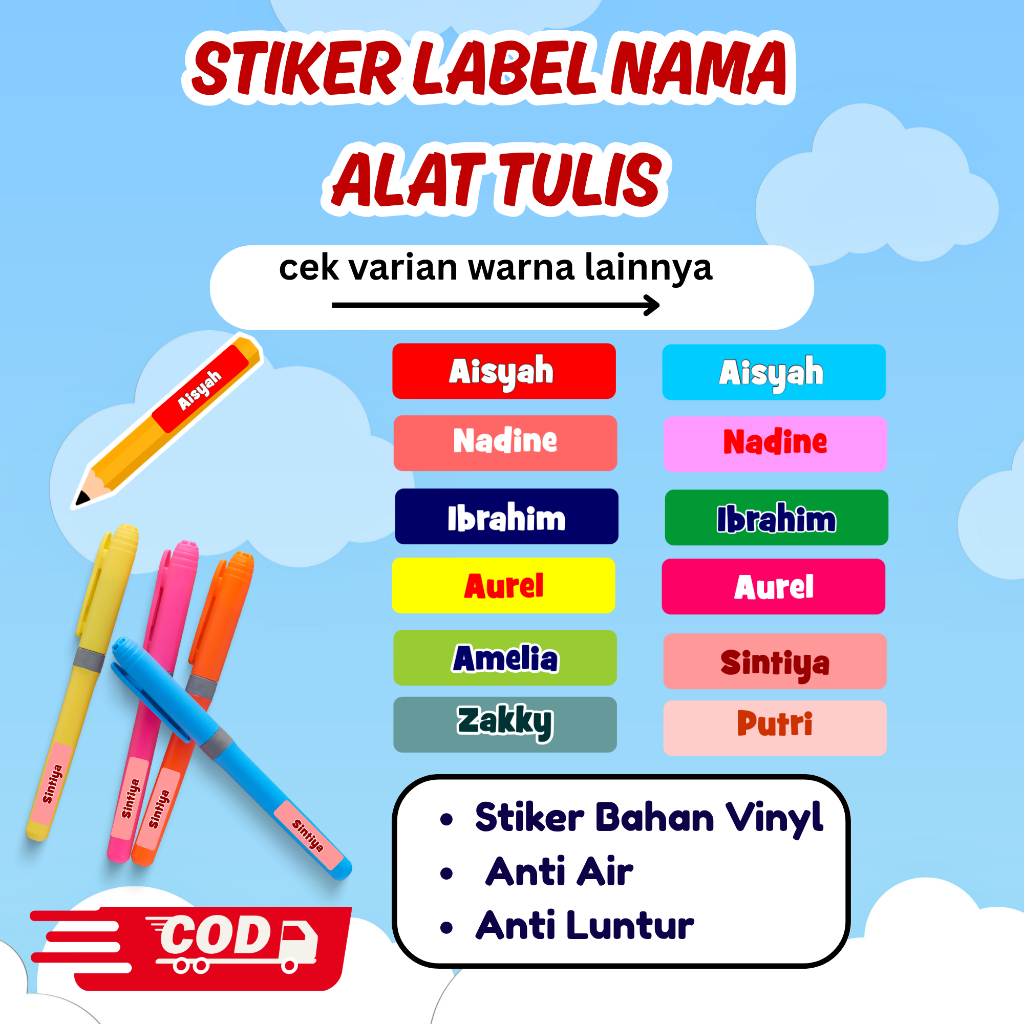 

Stiker Pensil Nama Anak Sticker Custom Label Alat Tulis Pulpen Waterproof Anti Air Stiker ATK Bolpoin Pensil Custom Nama Anak Untuk Buku Pensil Botol Minum Sticker Tempat Makan