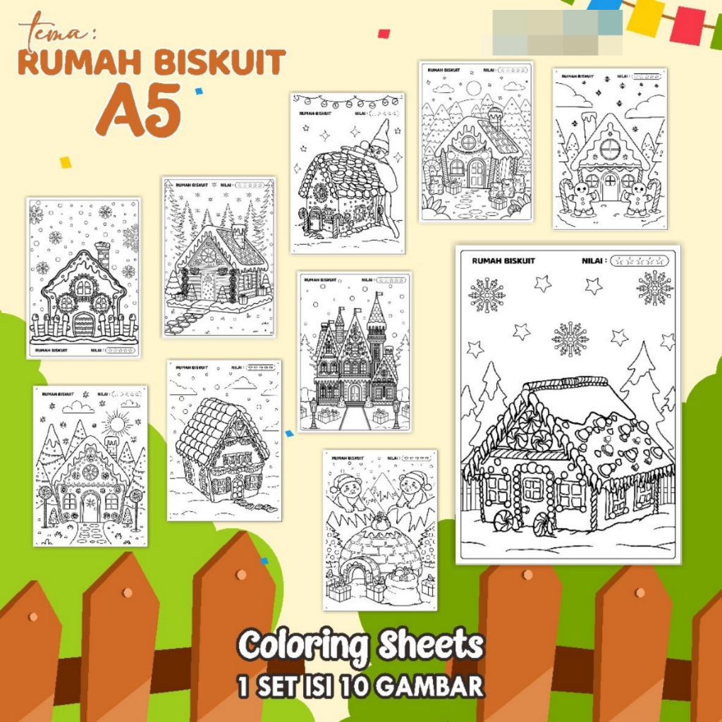 

KERTAS GAMBAR MEWARNAI TEMA RUMAH BISKUIT A5 READY STOCK - LEMBAR COLORING SHEETS ISI 10 LEMBAR