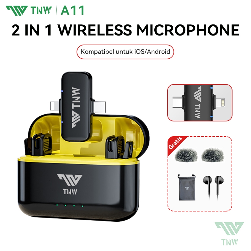 TNW A11 Wireless 2 Microphone Dual Mikrofon Youtuber Vlog with Charging Case Clip on Mic hp Wireless
