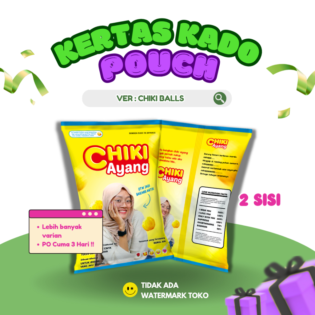 

KERTAS KADO POUCH CUSTOM CHIKI BALLS | BUNGKUS KADO CHIKI BALLS | PO TERCEPAT