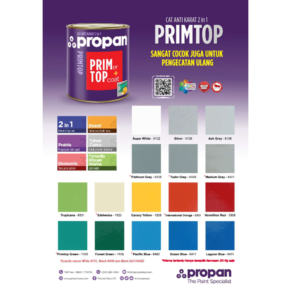 Propan Primtop 88 Cat Besi Kayu Anti Karat 2 IN 1 @1Ltr Varian Warna Cat Propan Besi