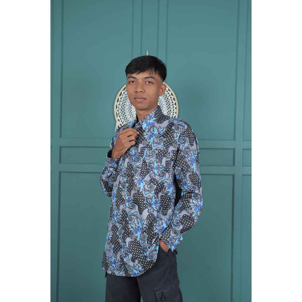 Kemeja Batik Pria Lengan Panjang--Motif Parang Kombinasi Abu dan Biru--Slimfit Elegan--Formal Bisa d