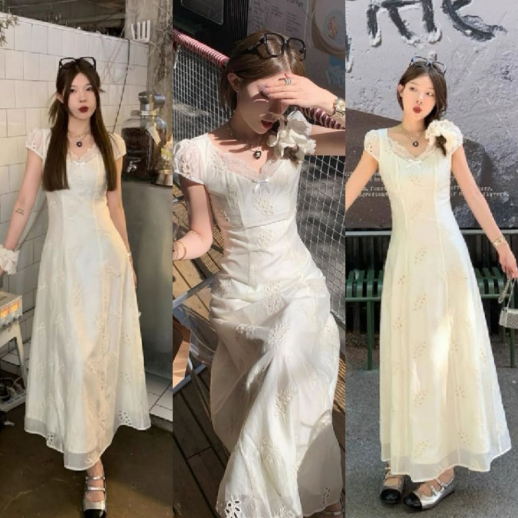 LETIZIA - WELVIE DRESS PUTIH LACE BUNGA BORDIR MAXI ELEGANT