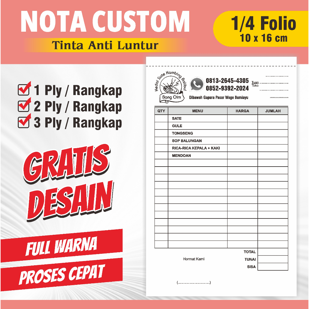 

CETAK NOTA 1/4 FOLIO / Custom / Toko / Laundry / Olshop / Konter / Bengkel / Warung Makan