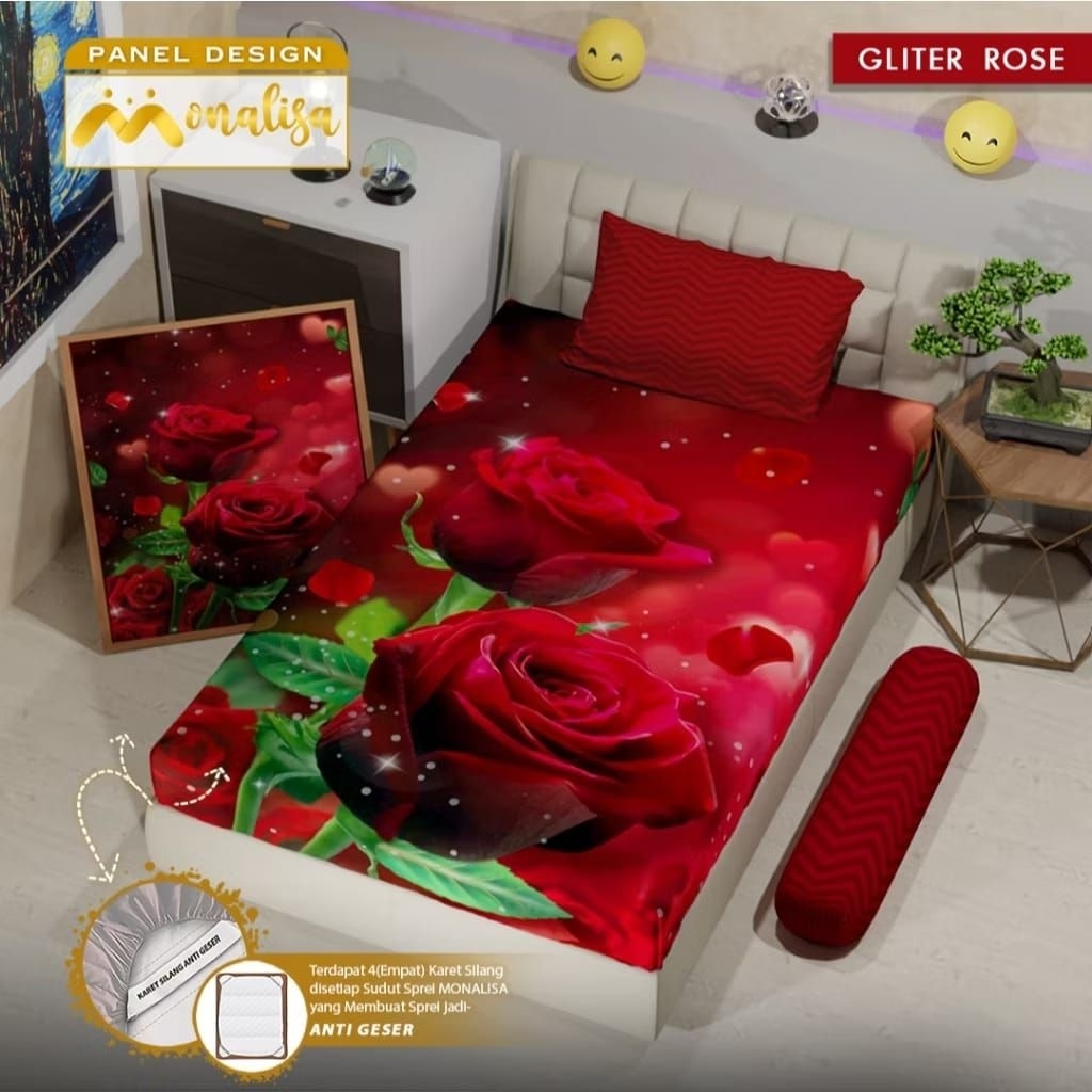 Monalisa sprei premium panel 90/100/120/160/180/200 tinggi 20 motif bunga flow mawar glitter rose me
