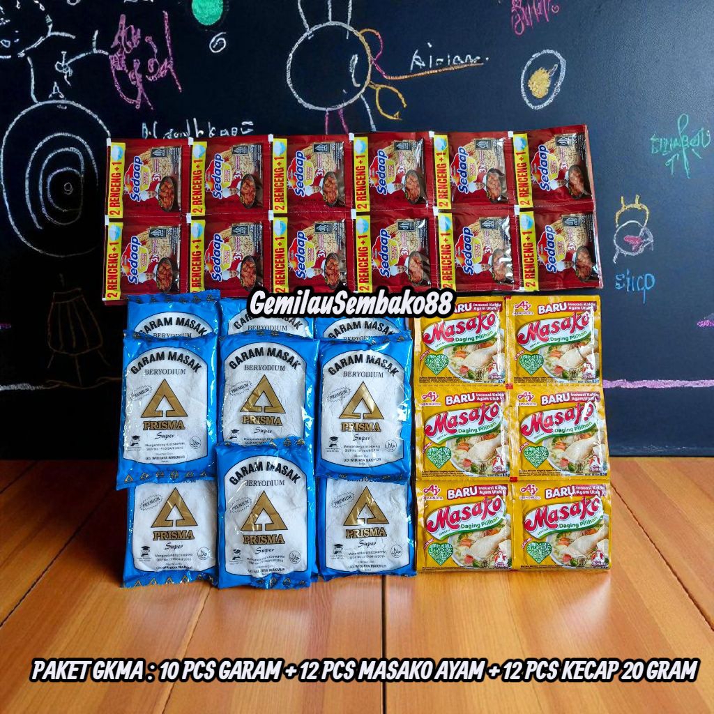 

PAKET BUMBU HEMAT 19 RIBUAN 10 PCS GARAM 100 GRAM + 12 PCS MASAKO / ROYCO + 12 PCS KECAP SEDAAP 20 GRAM / GARAM / GAREM