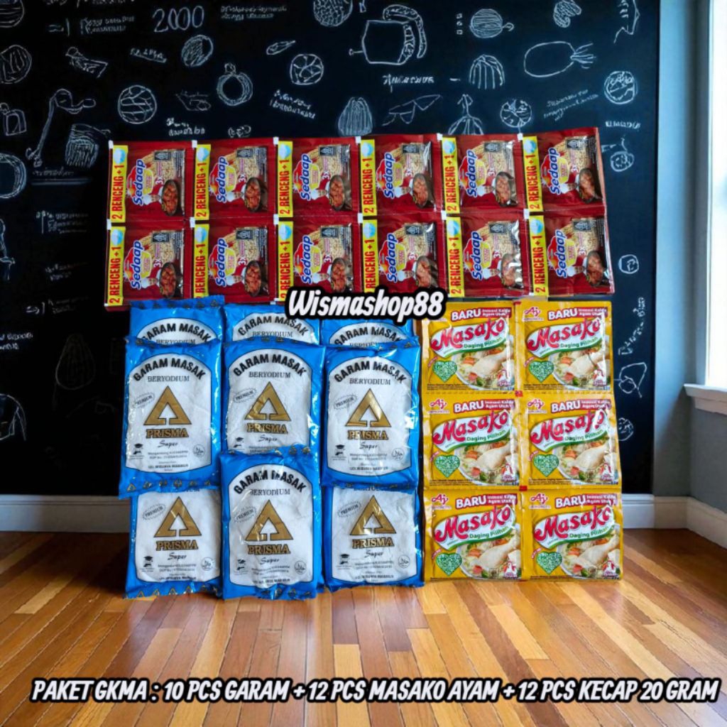 

PAKET HEMAT BUMBU DAPUR 19 RIBUAN 10 PCS GARAM 100 GRAM + MASAKO / ROYCO + 12 PCS KECAP SEDAAP 20 GRAM / GARAM / GAREM / BUMBU DAPUR