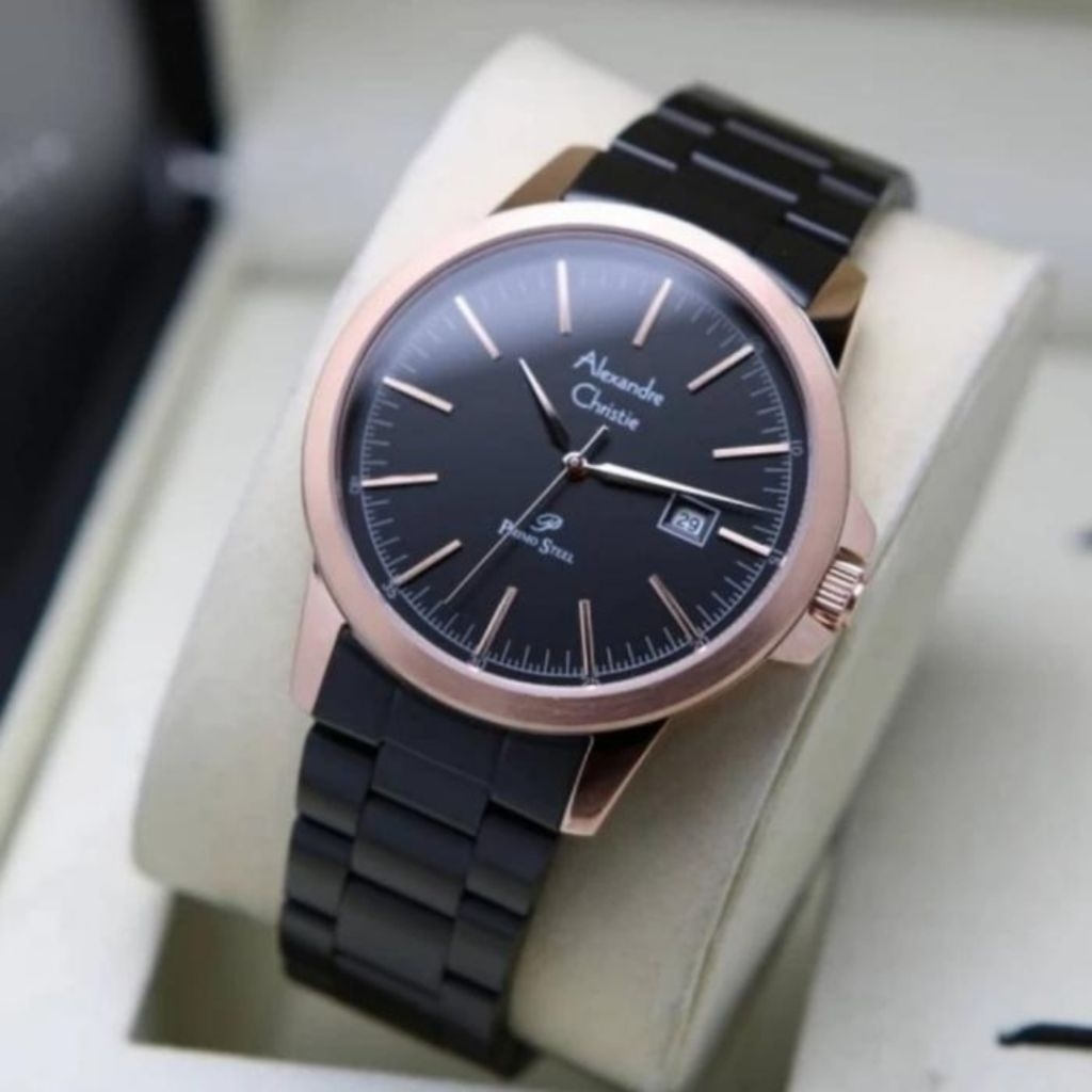 JAM TANGAN PRIA ORIGINAL ALEXANDRE CHRISTIE AC1008MD ROSEGOLD BLACK  STAINLESS STEEL
