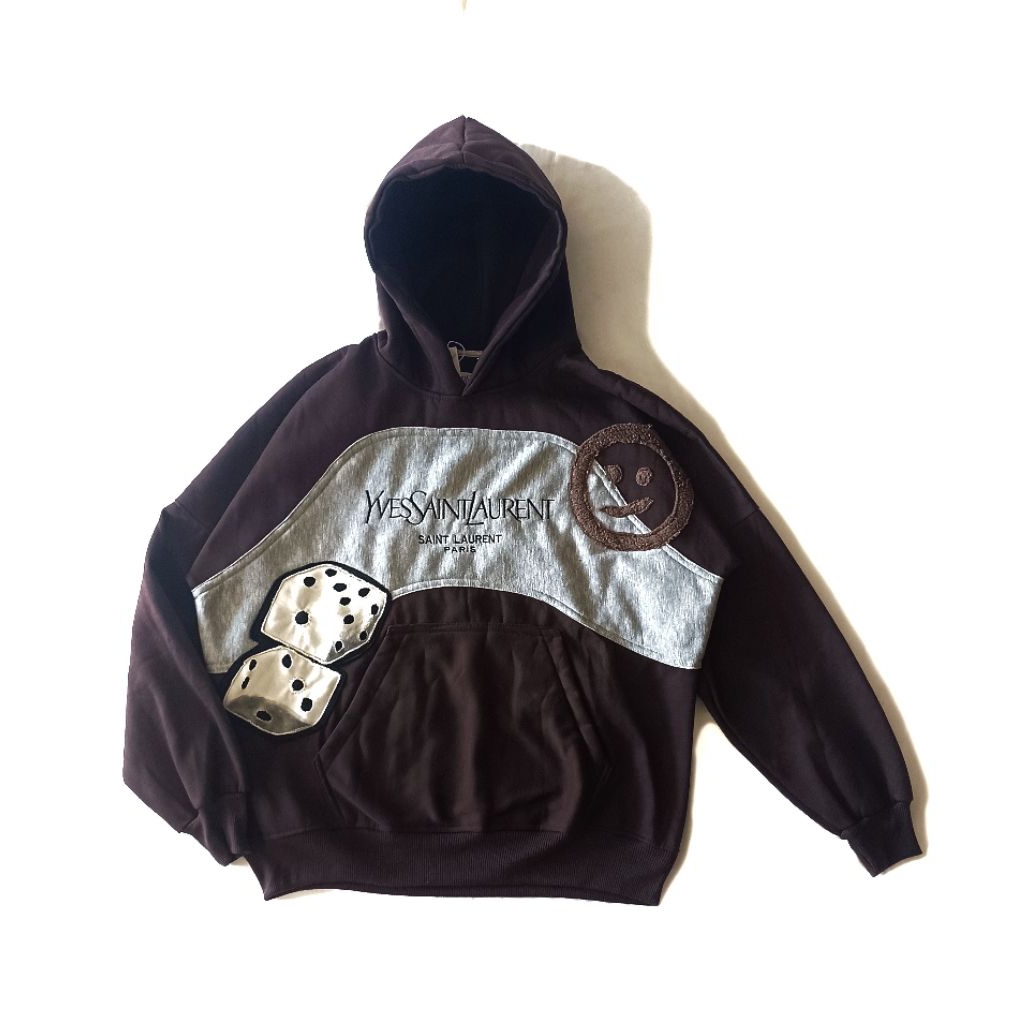 Hoodie Boxy Yves Saint Laurent Dark Brown Rework art hand painted