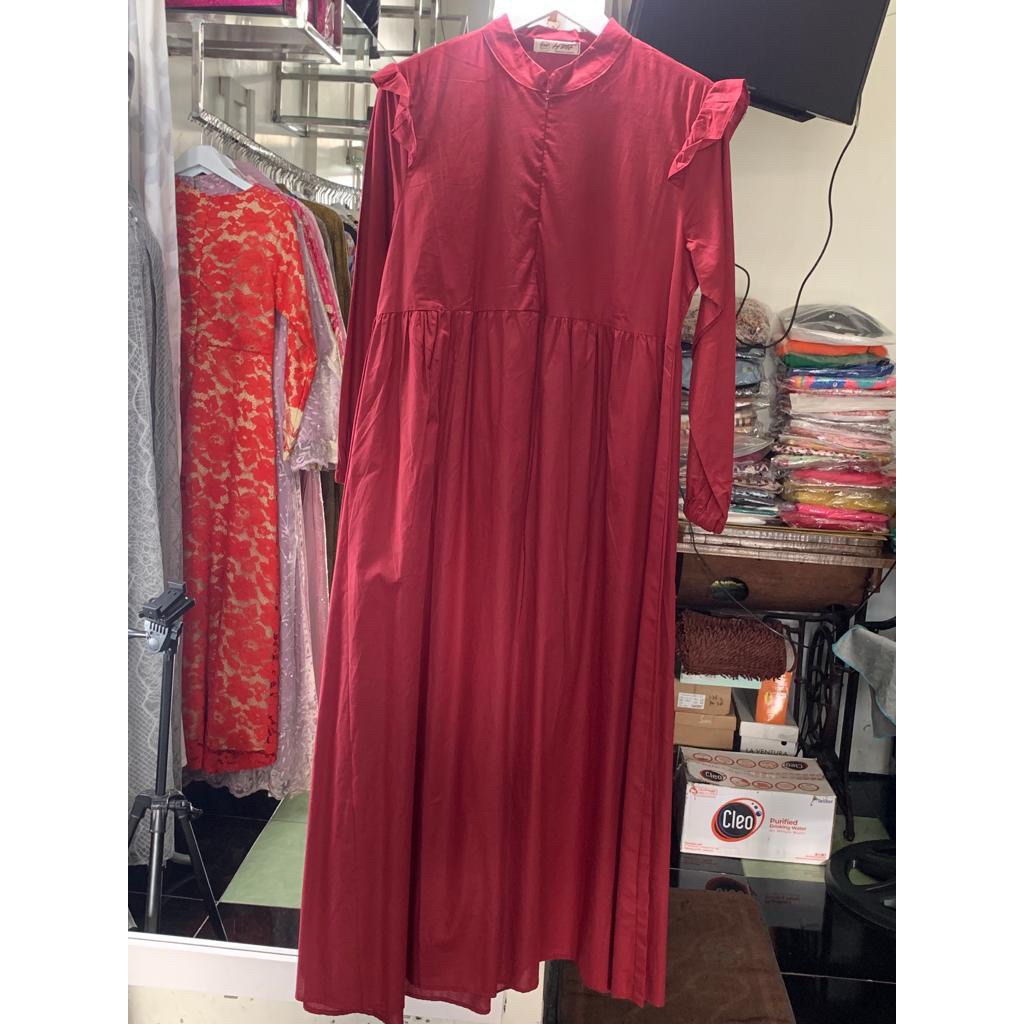 gamis dress wanita merah muslim catton panjang BATIK CAPLIN - Gamis Bordir Crinkle Amecca Lebaran Bu