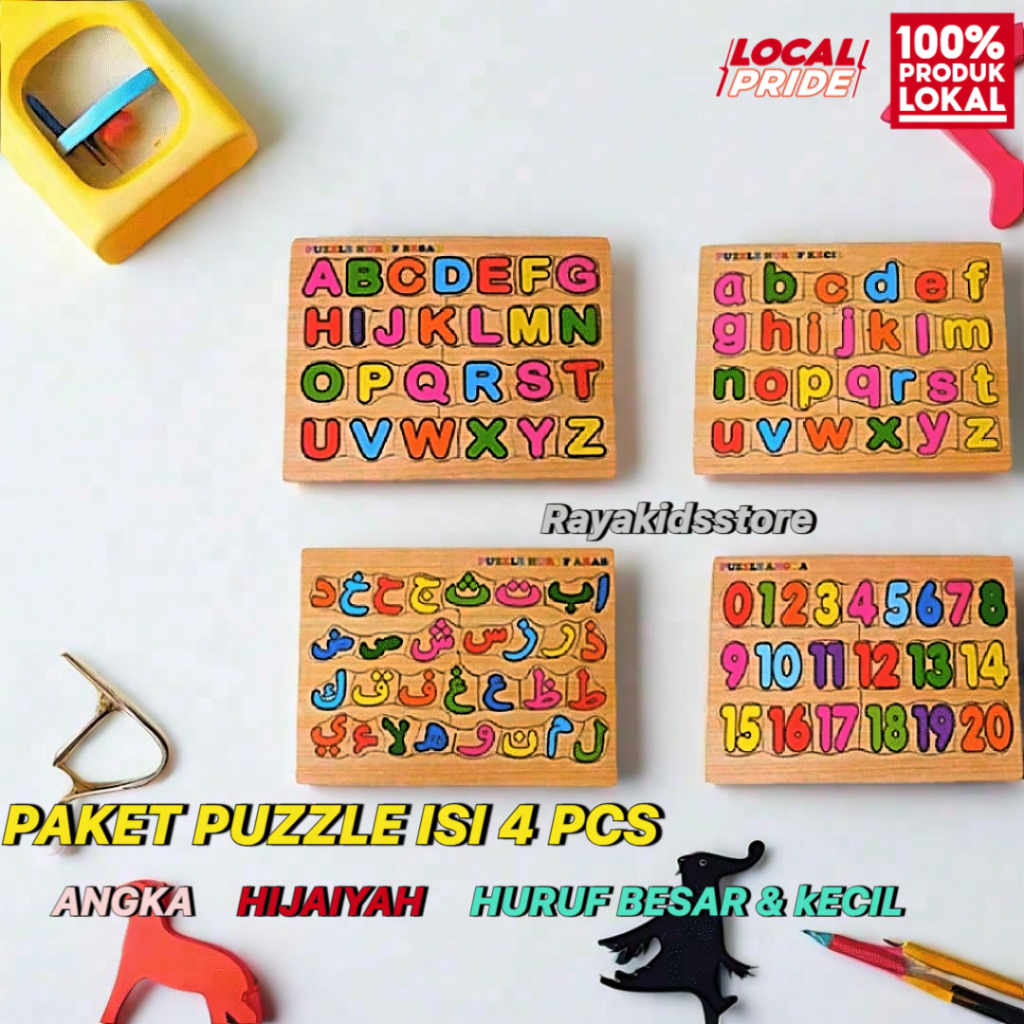 Paket 4 Puzzle Kayu edukasi bongkar pasang Isi 4 Angka Huruf Besar Kecil Dan Hijaiyah
