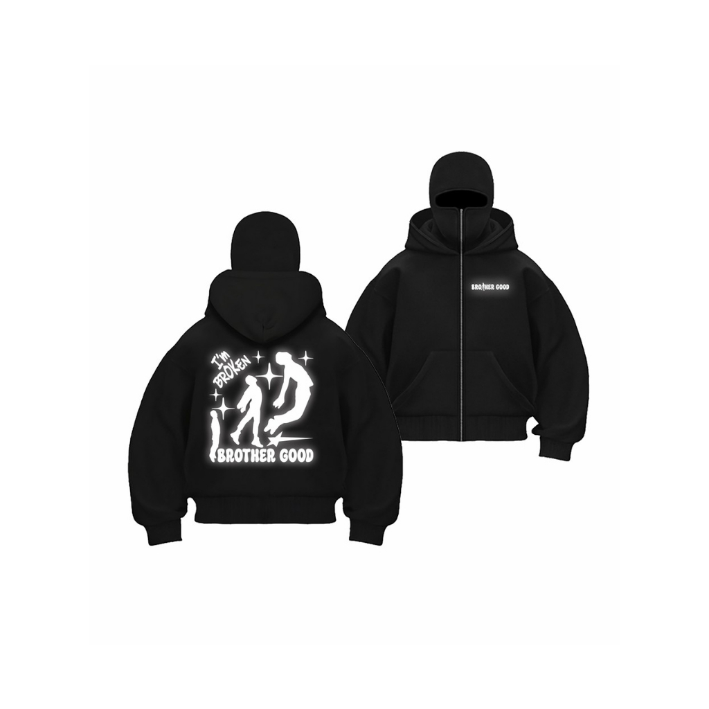 BROTHERGOOD Hoodie BLACLAVA Menyala Broken Zipper Boxy Black Doubel Kupluk Bahan Fleece Tebal 280 gs