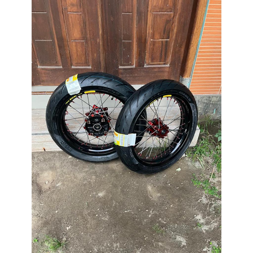 Paket Velg Supermoto CRF 300/350 Ban Pirelli Jumbo Ukur 120+150 Ring 17 Velg Custome Takasago Excel 