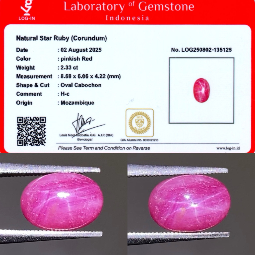 2,33 cts Natural Star Ruby (Corundum) origin Mozambique Memo LOGIN