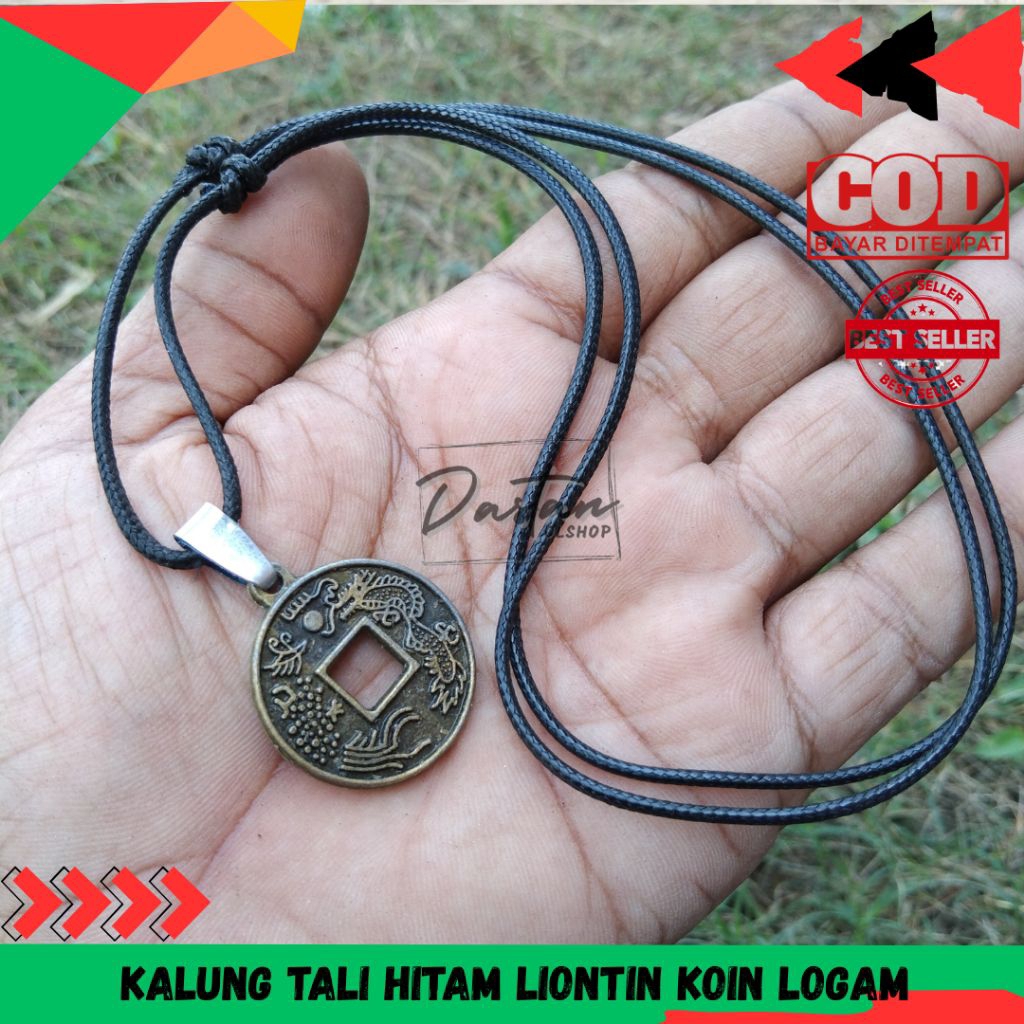 Kalung tali hitam liontin koin logam kalung pria wanita unisex