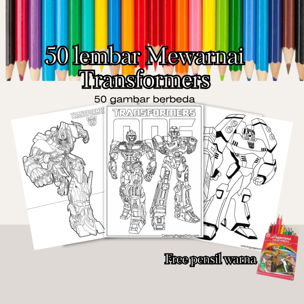 

50 Lembar Kertas Mewarnai Transformers A5 Gratis Pensil Warna