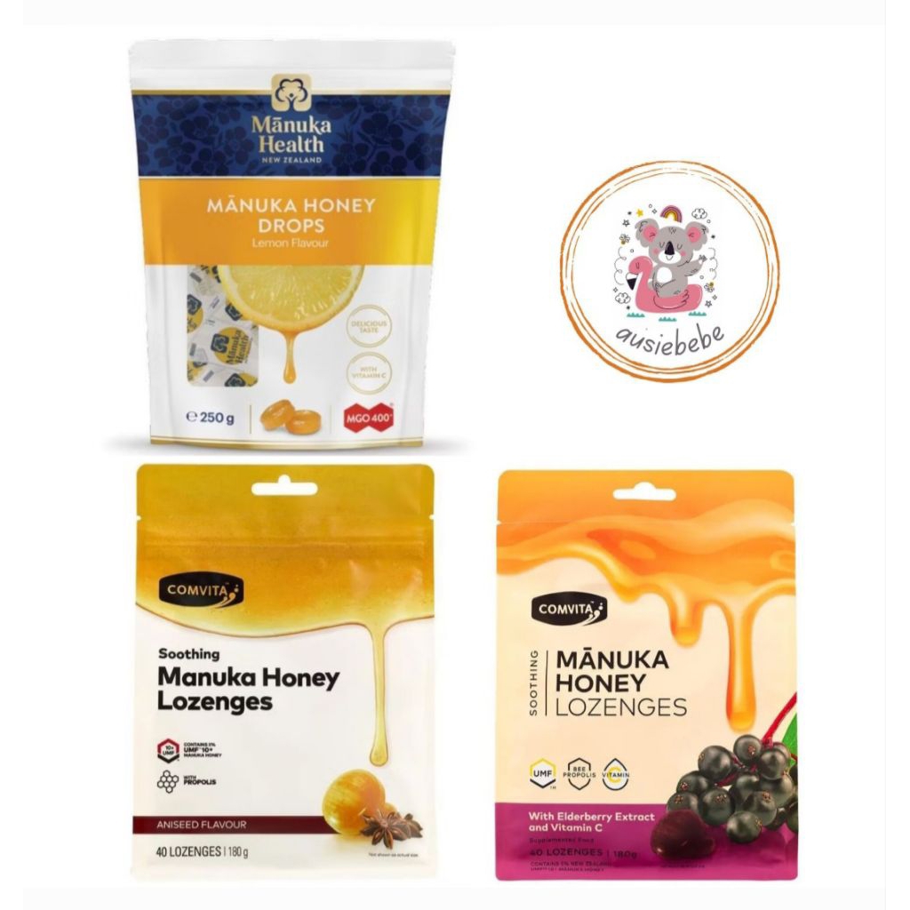 

Manuka Health Manuka Honey Drops Lemon Pouch 58 Drops 250g / Comvita Manuka Honey & Propolis Lozenges / Comvita Mabuka Honey Lozenges with Elderberry Extract + Vitamin C 40Lozenges