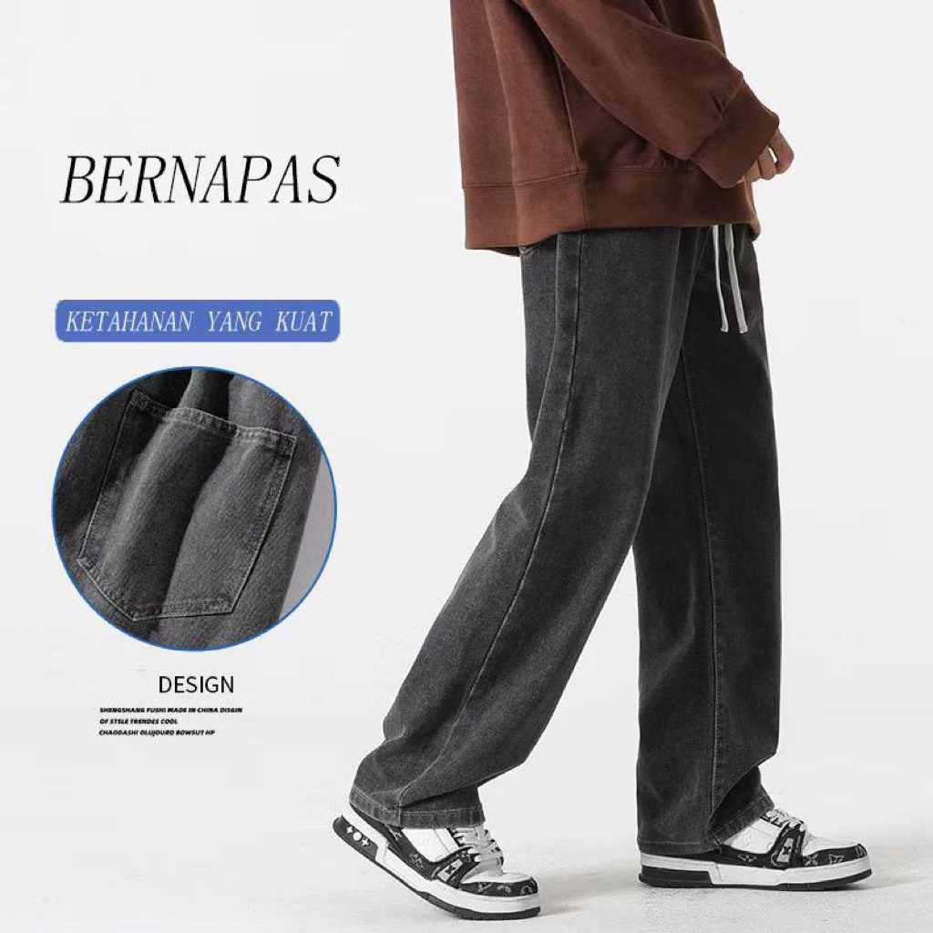 Celana jeans pria baggy pants tali celana pria korean style celana kulot pria jeans pinggang karet l