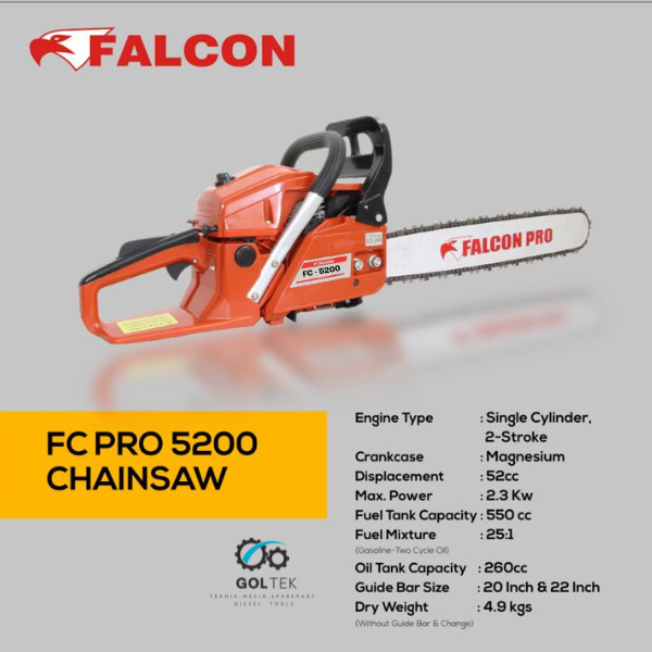 FALCON FC PRO 5200 Chainsaw 52cc | Mesin Gergaji Kayu 20 inch Bar 34 mata