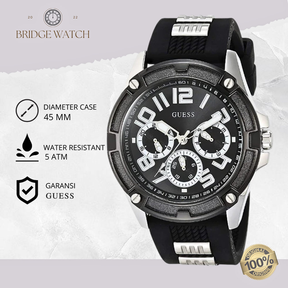 Jam Tangan Pria Guess Delta Original GW0051G1 Analog Chronograph Sporty Black Rubber Strap Silicon C