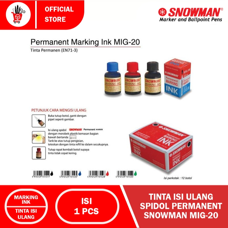 

Tinta Isi Ulang Spidol Permanen Snowman MIG-20 G-12 HITAM - MERAH - BIRU - HIJAU (1PCS)