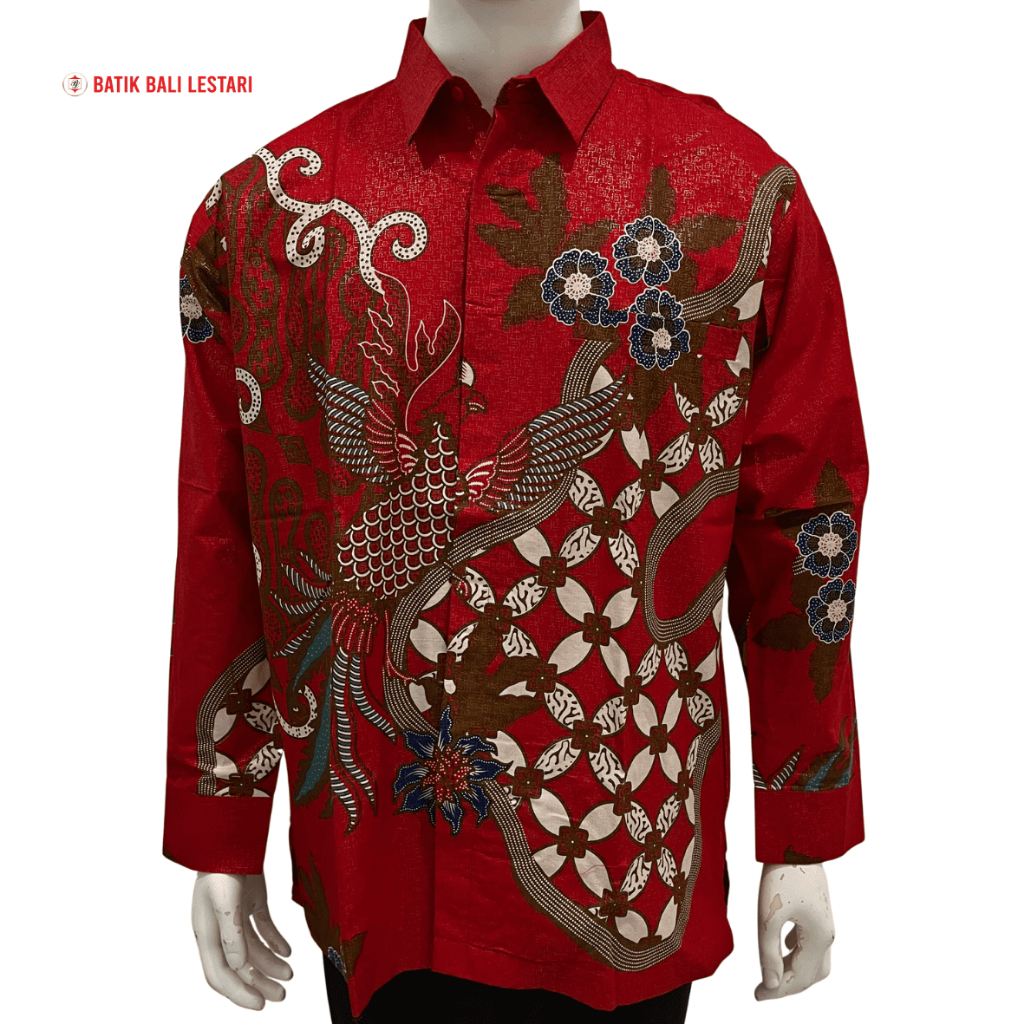 Batik Bali Lestari Batik Pria Lengan Panjang Katun Prada Merah (AM01)