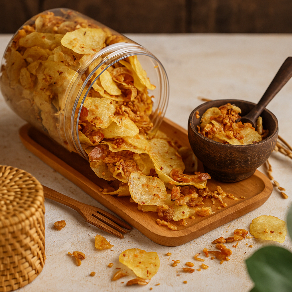 

Kentang Crispy Ebi Pedas Daun Jeruk | Cemilan Kering Kentang Bawang Goreng 350g