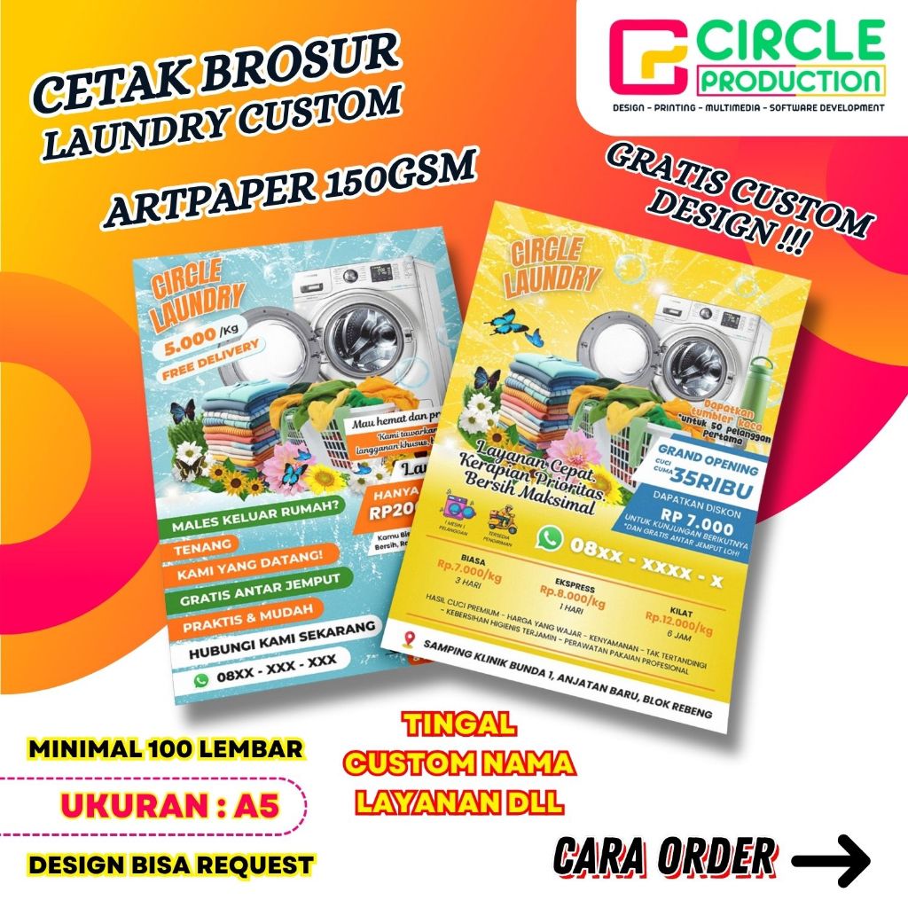 

CETAK BROSUR/FLYER LAUNDRY BAHAN AP150GSM 1SISI GRATIS DESAIN | UKURAN A5 (148 x 210 MM) 1 SISI