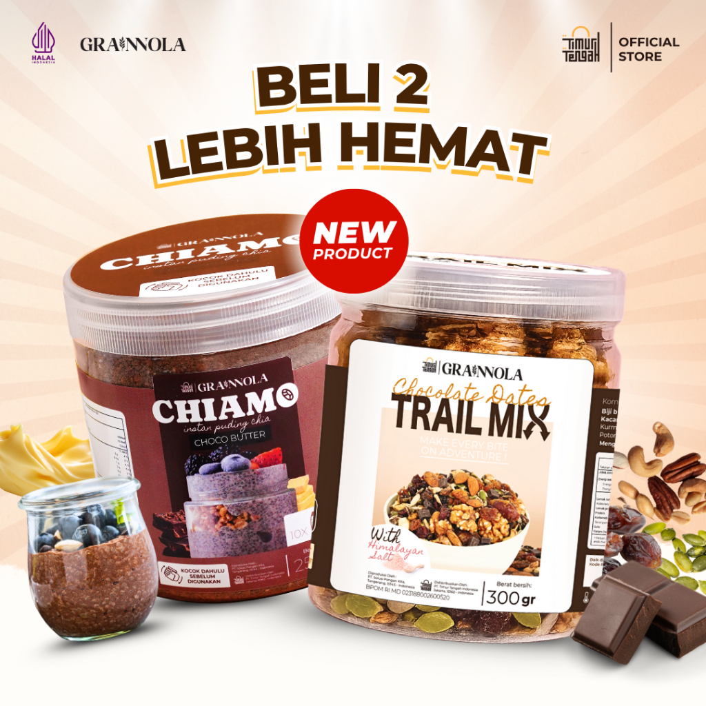

Timur Tengah [PAKET BUNDLING Sehat] Hemat Trail Mix Choco Dates 300 gr + Chia Pudding Instant Choco Butter 250 gr Chocolate Dried Fruit Puding Instan Rasa Cokelat Mentega Overnight Oatmeal