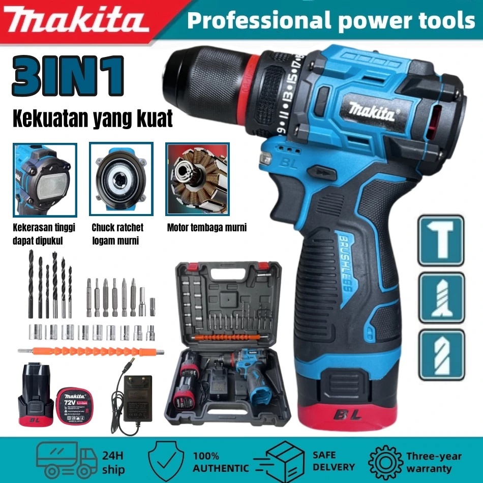 Makita Mesin Bor Baterai Brushless 72V Impact Drill Cas Tangan 10mm Clevis Logam  2 Baterai Cordless