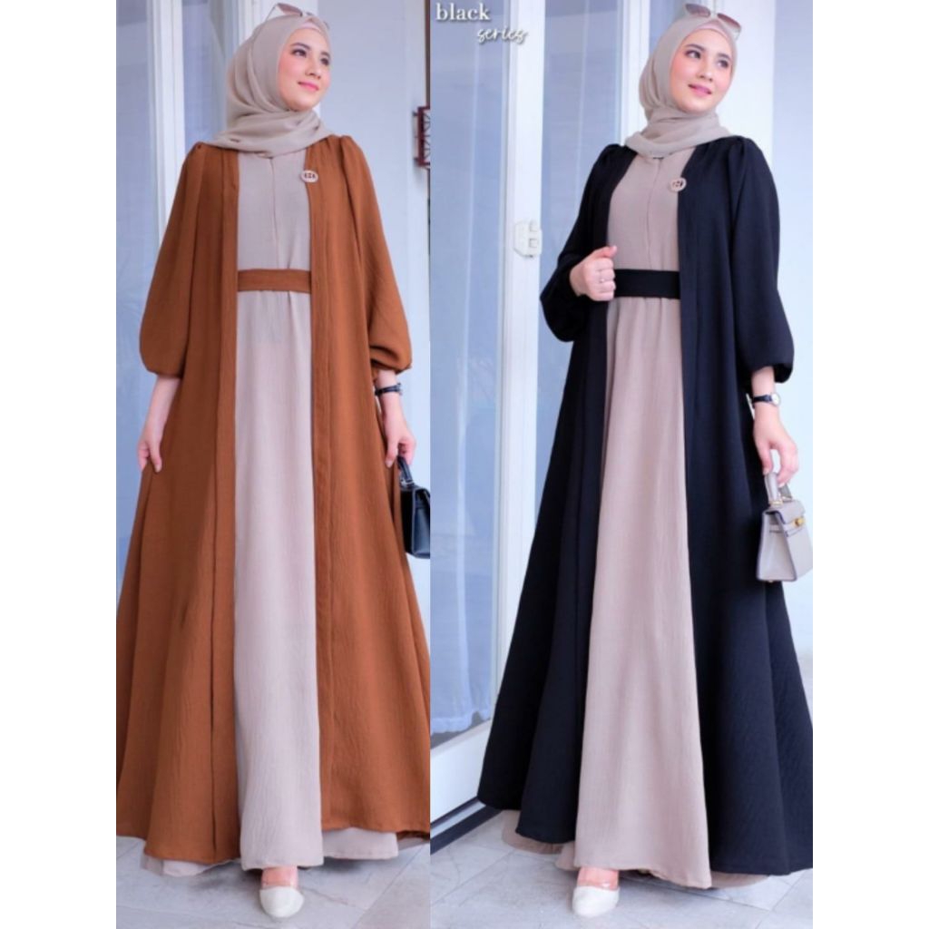 Set Gamis Outer Modern – Gamis Syari Long Cardigan – Baju Muslim Wanita Kekinian 2025 - 2 In 1 | Emi