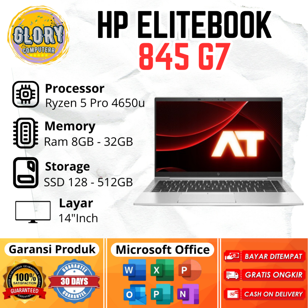 HP Elitebook 845 G7 AMD Ryzen 5 Pro Ram 8GB / 16GB / 32GB SSD 128GB / 256GB / 512GB, Layar 14"Inch