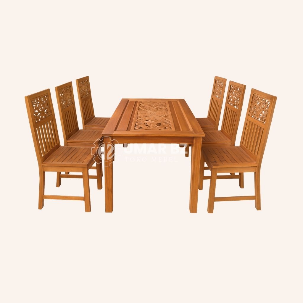 Set Meja Makan Jati Ukir – 6 Kursi