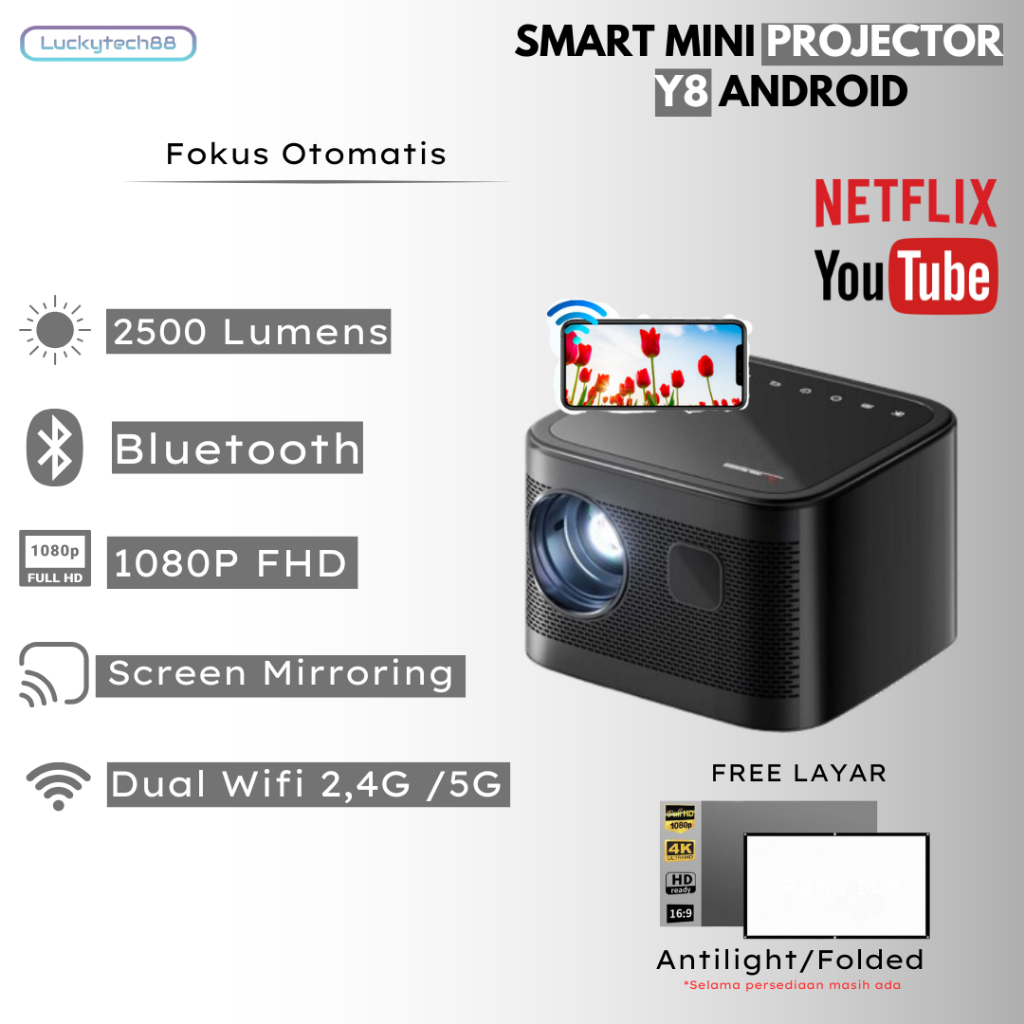 Proyektor Mini LED Y8 Android 9.0 Wifi 2500 Lumens | Proyektor Mini Portable | Proyektor Mini Androi