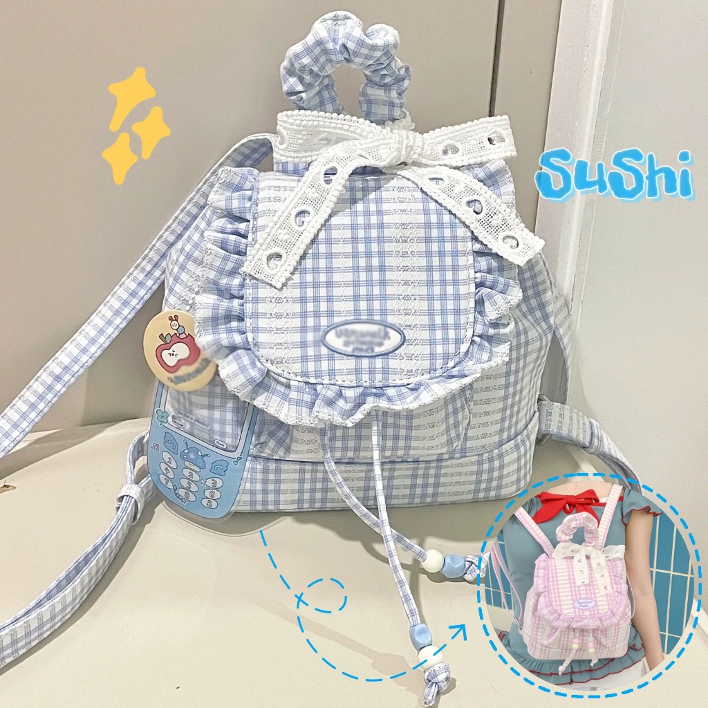 [COD] Tas Ransel Kotak-Kotak Korea Lucu/Tas Ranse Renda Baru/Cantik Backpack Y2k/Tas Ransel Perempua