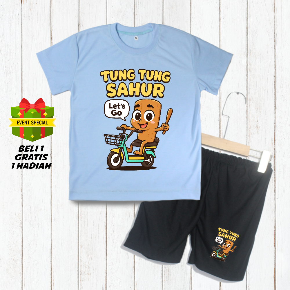 Setelan Baju Anak Laki Laki Cowok Tung Tung Sahur Sepeda Listrik Adem Nyaman Sablon DTF Bonus Hadiah