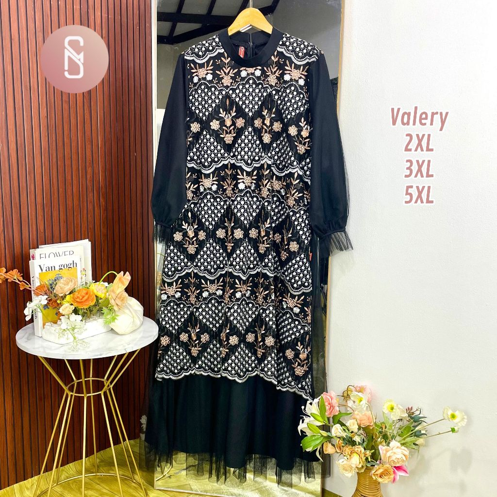 Valery Myshawl  Gamis Brukat Jumbo Syakila Motif Kasual Kondangan Wisuda Kekinian Big Size Motif Bun