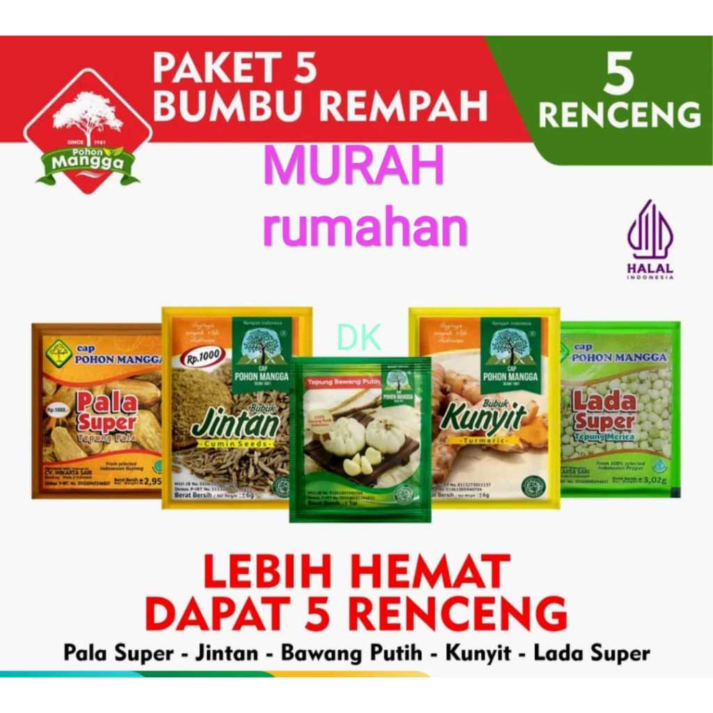 

PROMO 5 VARIAN MIX BUMBU REMPAH JINTAN KUNYIT BAWANG PUTIH PALA SUPER LADA SUPER 5 RENCENG BUMBU DAPUR RENCENG