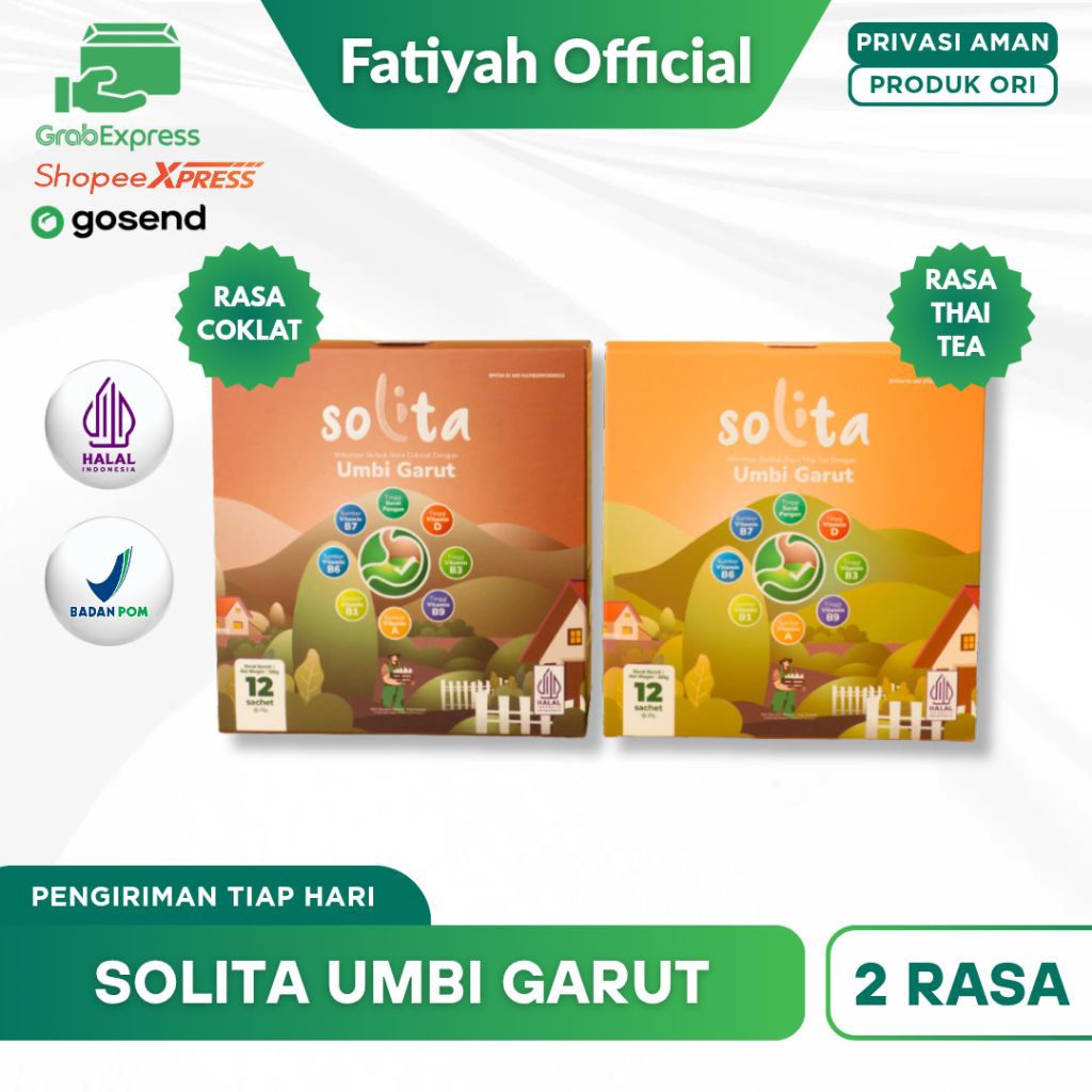 

SOLITA MINUMAN SERBUK UMBI GARUT ATASI ASAM LAMBUNG, MAAG, GERD, RASA COKELAT & THAI TEA - 1 BOX ISI 12 SACHET
