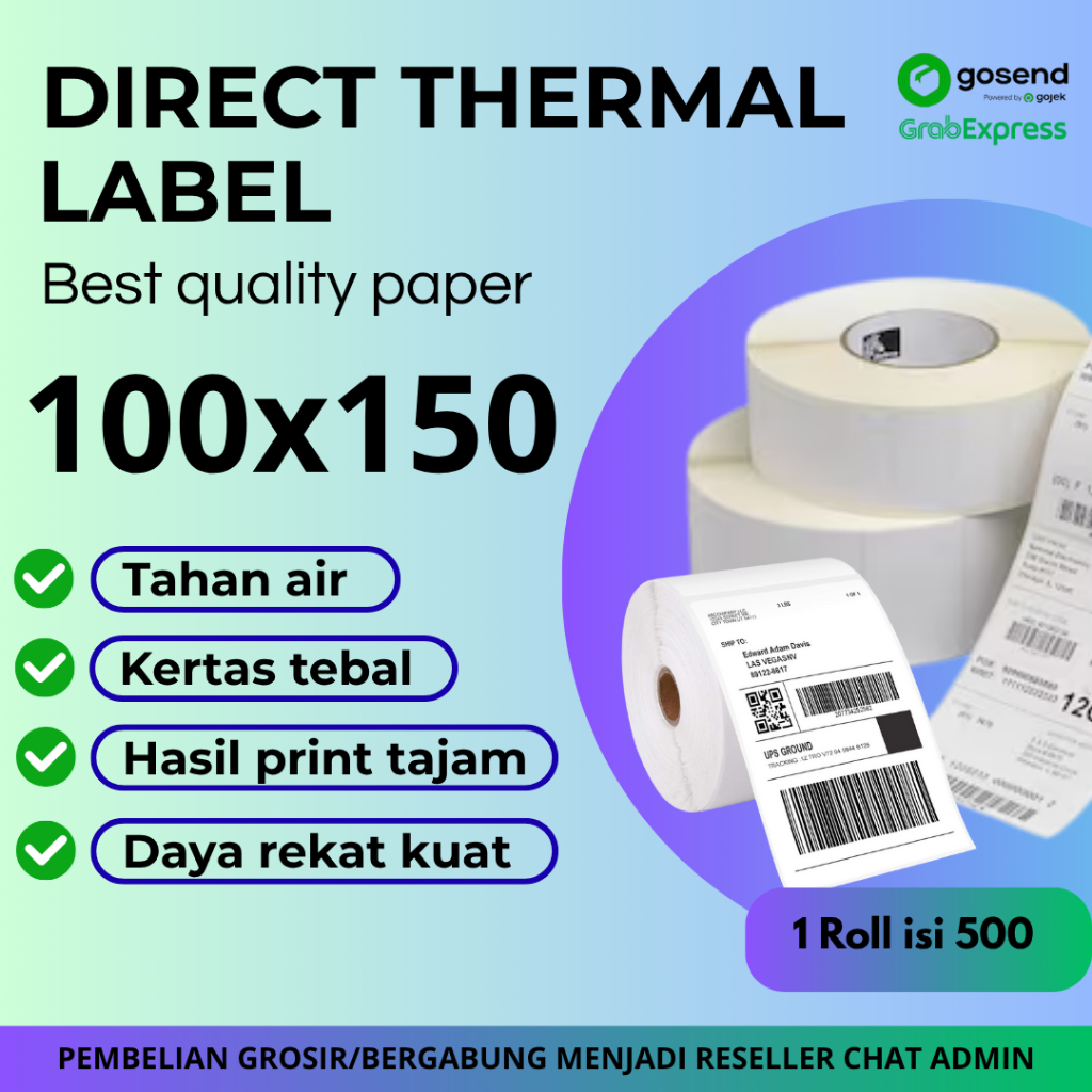 

Kertas Thermal Label Ukuran 100x150 cm isi 500 roll (1DUS ISI 24) – Label Pengiriman / Barcode / Harga – Tanpa Tinta – Cetak Cepat & Praktis
