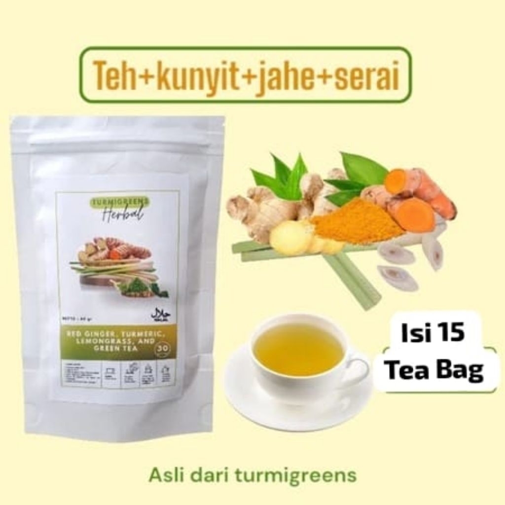 

TEH KUNYIT JAHE SERAI TURMIGREENS HERBAL ALAMI SEHAT UNTUK TUBUH 15 tea bag herbal alami